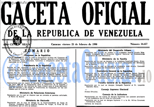 Gaceta Oficial 34417 del 23 Febrero 1990