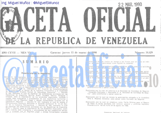 Gaceta Oficial 34429 del 15 Marzo 1990