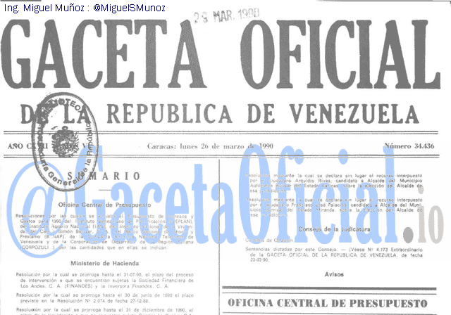 Gaceta Oficial 34436 del 26 Marzo 1990