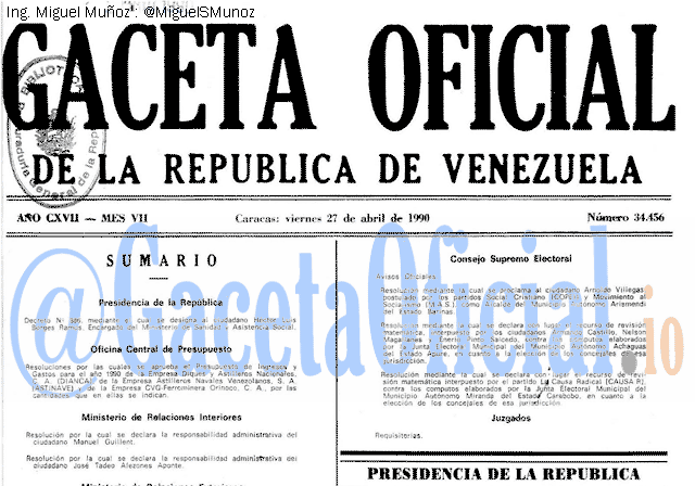 Gaceta Oficial 34456 del 27 Abril 1990