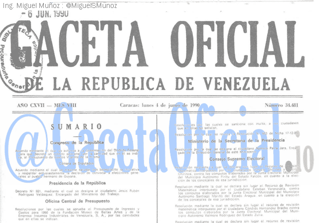 Gaceta Oficial 34481 del 4 Junio 1990