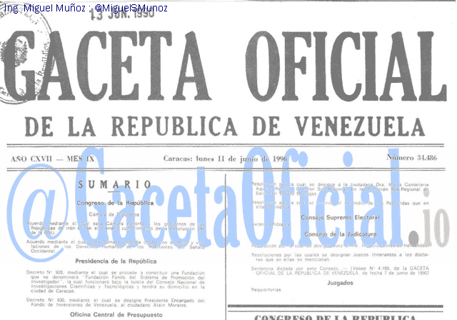 Gaceta Oficial 34486 del 11 Junio 1990