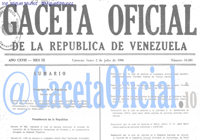Gaceta Oficial 34501 del 2 Julio 1990
