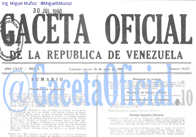 Gaceta Oficial 34517 del 26 Julio 1990