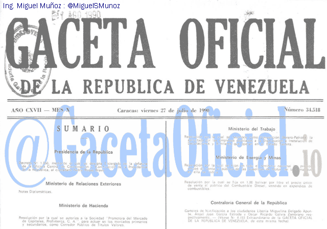 Gaceta Oficial 34518 del 27 Julio 1990