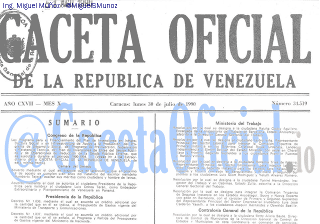 Gaceta Oficial 34519 del 30 Julio 1990