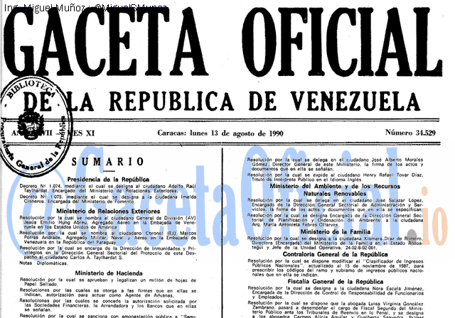 Gaceta Oficial 34529 del 13 Agosto 1990