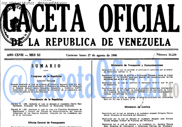 Gaceta Oficial 34539 del 27 Agosto 1990