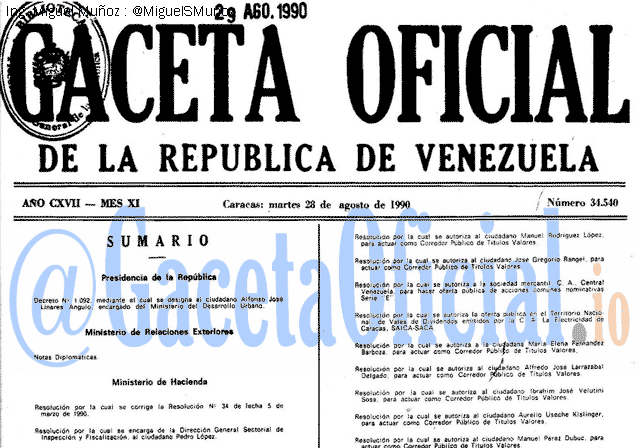 Gaceta Oficial 34540 del 28 Agosto 1990