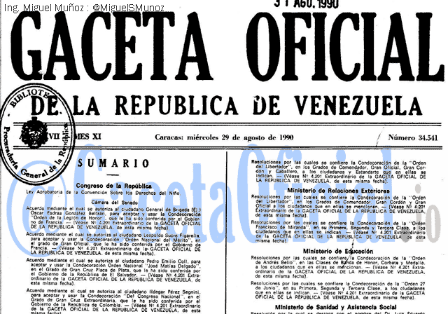 Gaceta Oficial 34541 del 29 Agosto 1990