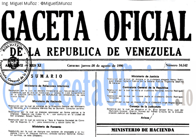 Gaceta Oficial 34542 del 30 Agosto 1990
