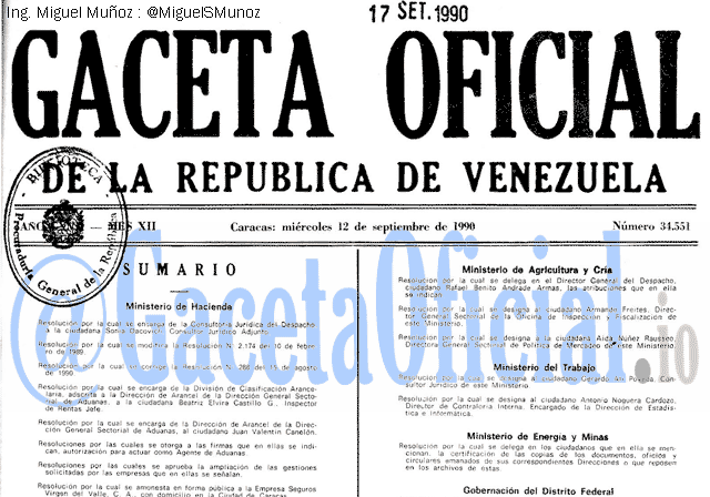 Gaceta Oficial 34551 del 12 Septiembre 1990