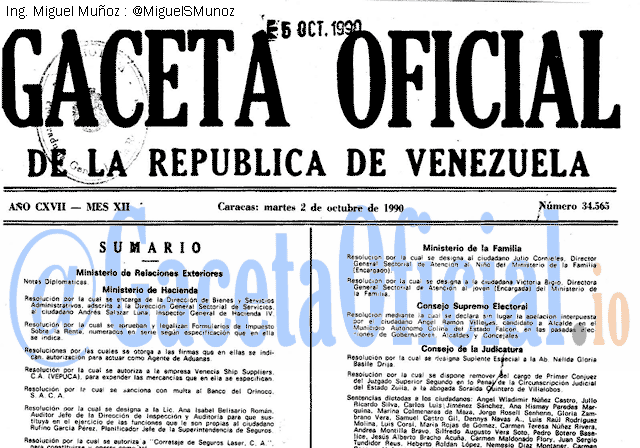 Gaceta Oficial 34565 del 2 Octubre 1990