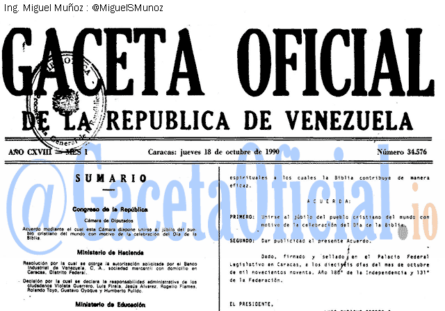 Gaceta Oficial 34576 del 18 Octubre 1990