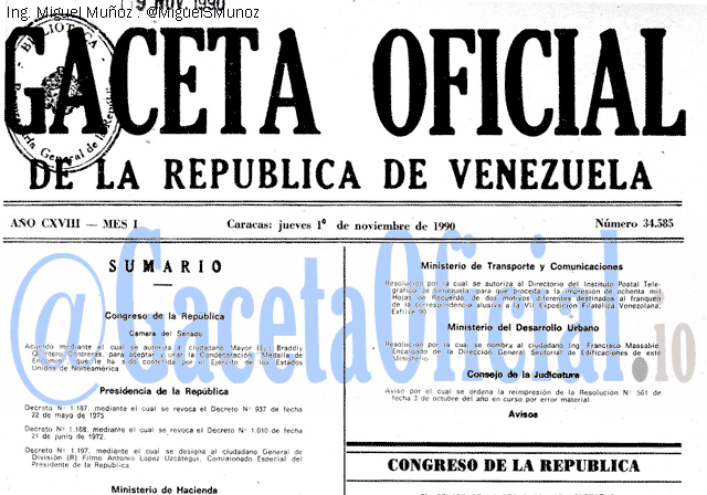 Gaceta Oficial 34585 del 1 Noviembre 1990
