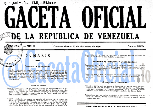 Gaceta Oficial 34596 del 16 Noviembre 1990