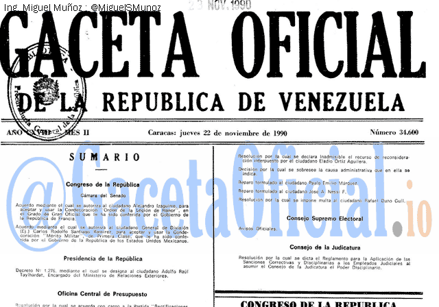 Gaceta Oficial 34600 del 22 Noviembre 1990