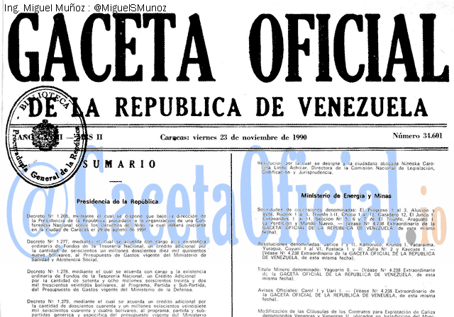 Gaceta Oficial 34601 del 23 Noviembre 1990