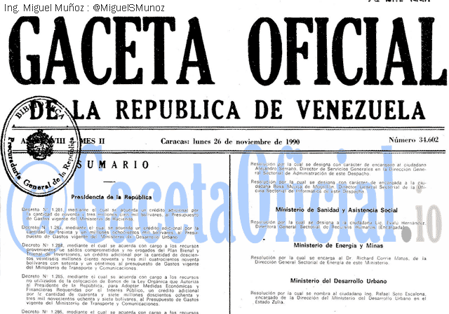 Gaceta Oficial 34602 del 26 Noviembre 1990
