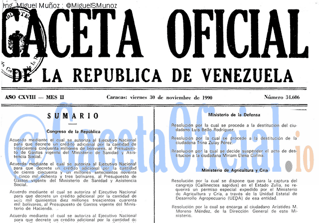 Gaceta Oficial 34606 del 30 Noviembre 1990