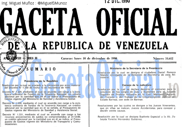 Gaceta Oficial 34612 del 10 Diciembre 1990
