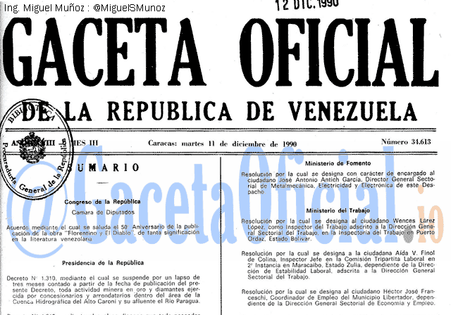 Gaceta Oficial 34613 del 11 Diciembre 1990
