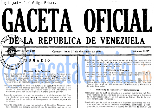 Gaceta Oficial 34617 del 17 Diciembre 1990