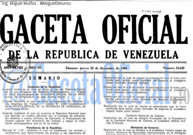 Gaceta Oficial 34620 del 20 Diciembre 1990
