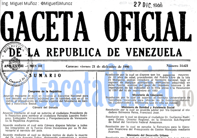 Gaceta Oficial 34621 del 21 Diciembre 1990