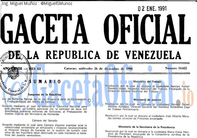 Gaceta Oficial 34622 del 26 Diciembre 1990