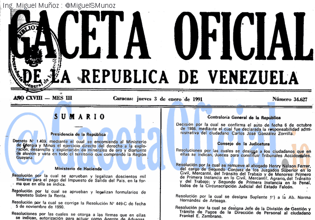 Gaceta Oficial 34627 del 3 Enero 1991