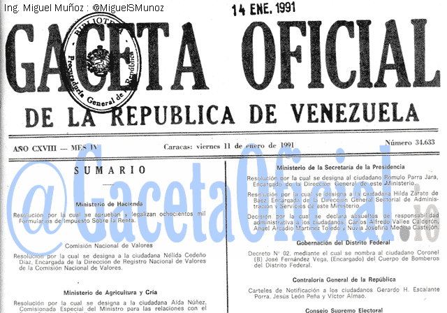 Gaceta Oficial 34633 del 11 Enero 1991