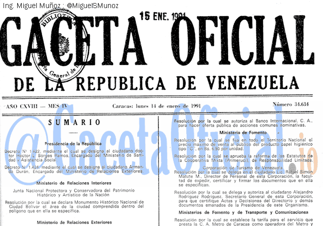 Gaceta Oficial 34634 del 14 Enero 1991