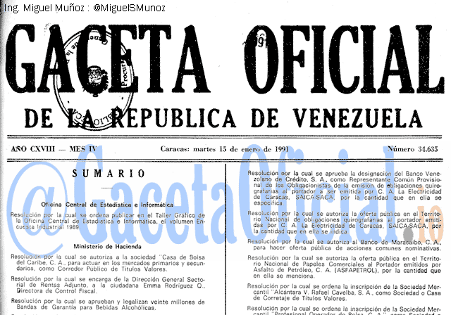 Gaceta Oficial 34635 del 15 Enero 1991