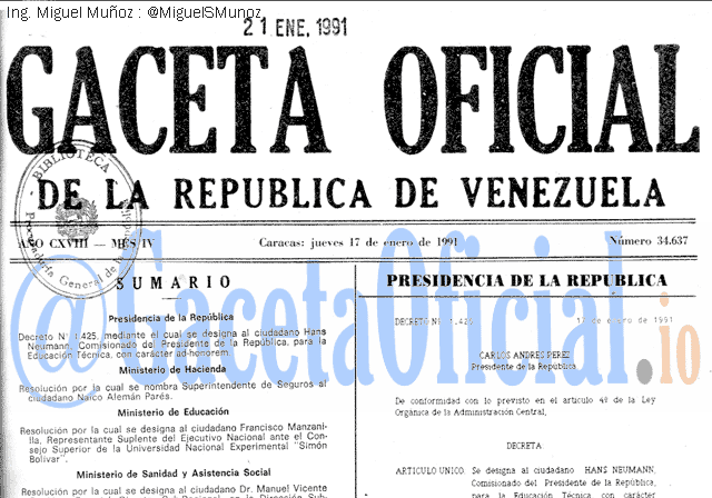 Gaceta Oficial 34637 del 17 Enero 1991