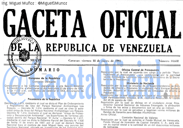 Gaceta Oficial 34638 del 18 Enero 1991
