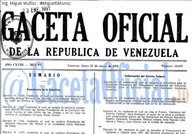 Gaceta Oficial 34639 del 21 Enero 1991