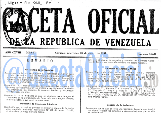 Gaceta Oficial 34641 del 23 Enero 1991