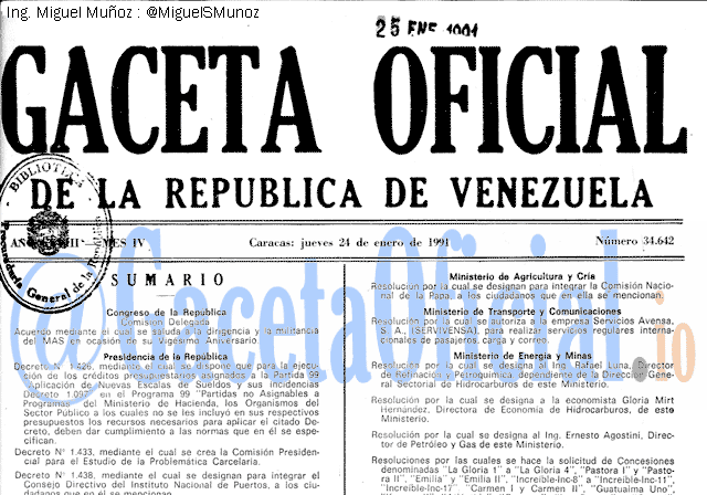 Gaceta Oficial 34642 del 24 Enero 1991