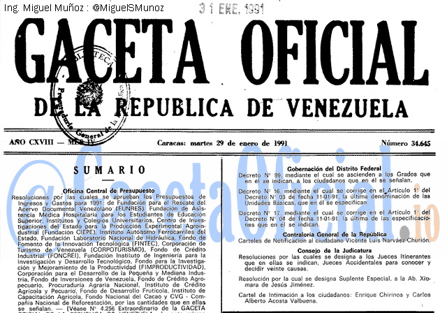 Gaceta Oficial 34645 del 29 Enero 1991