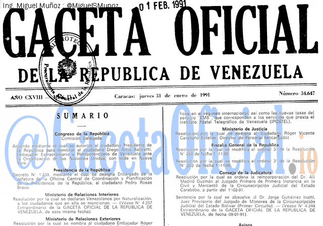 Gaceta Oficial 34647 del 31 Enero 1991