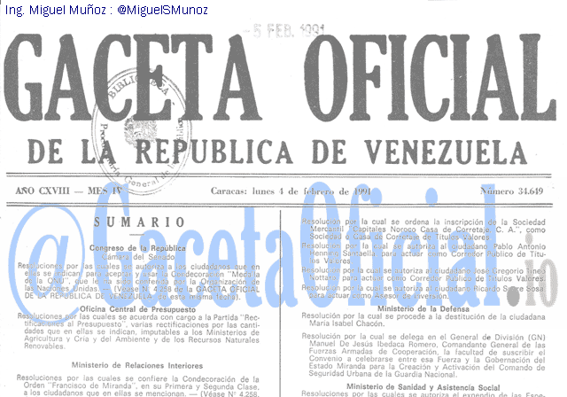 Gaceta Oficial 34649 del 4 Febrero 1991