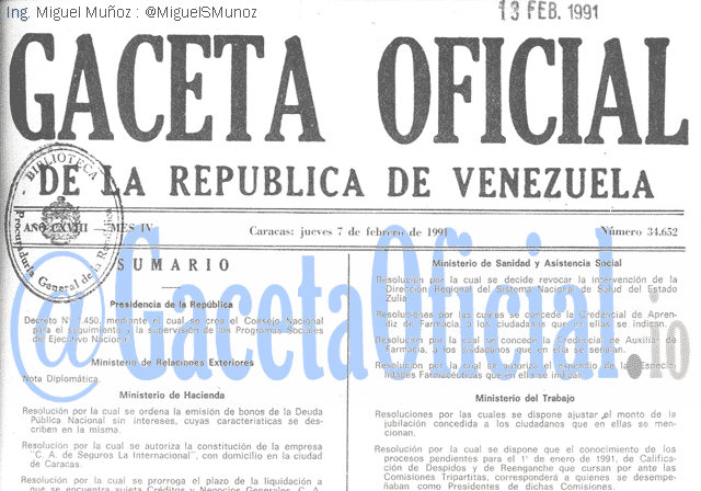 Gaceta Oficial 34652 del 7 Febrero 1991