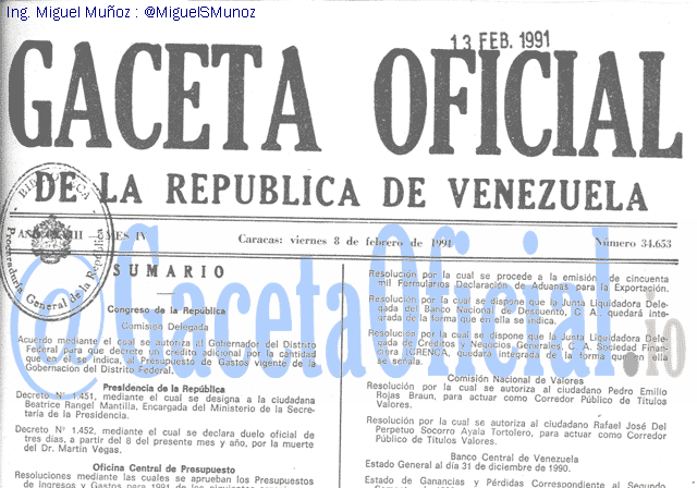 Gaceta Oficial 34653 del 8 Febrero 1991
