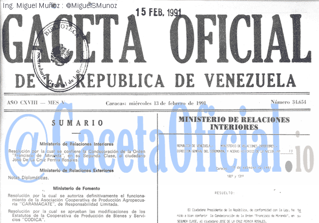 Gaceta Oficial 34654 del 13 Febrero 1991