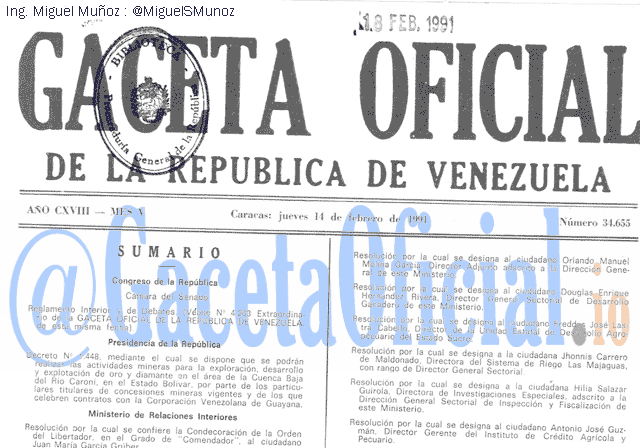 Gaceta Oficial 34655 del 14 Febrero 1991