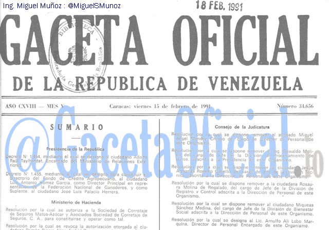 Gaceta Oficial 34656 del 15 Febrero 1991