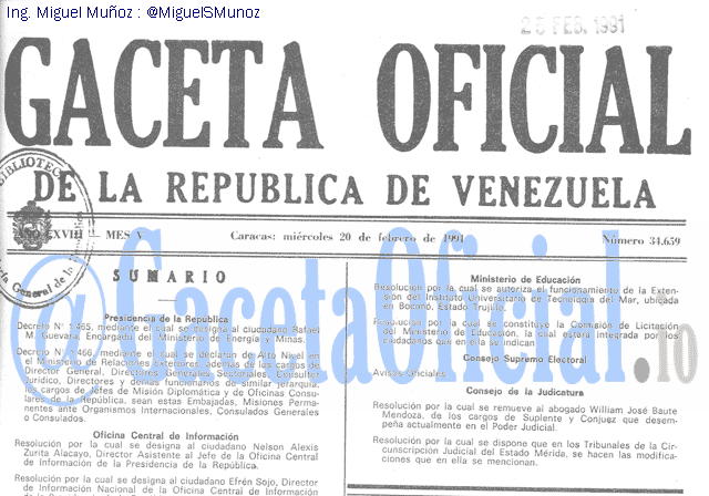 Gaceta Oficial 34659 del 20 Febrero 1991
