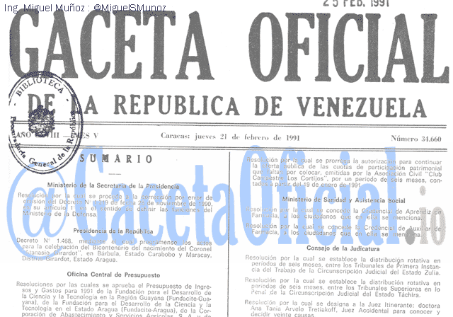 Gaceta Oficial 34660 del 21 Febrero 1991
