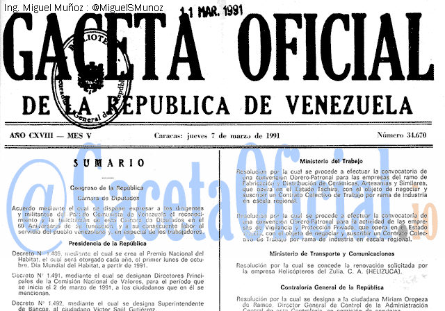 Gaceta Oficial 34670 del 7 Marzo 1991